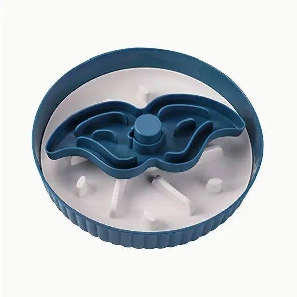 Slow feeder dog bowl with rotating game board and textured silicone licking mat insert.