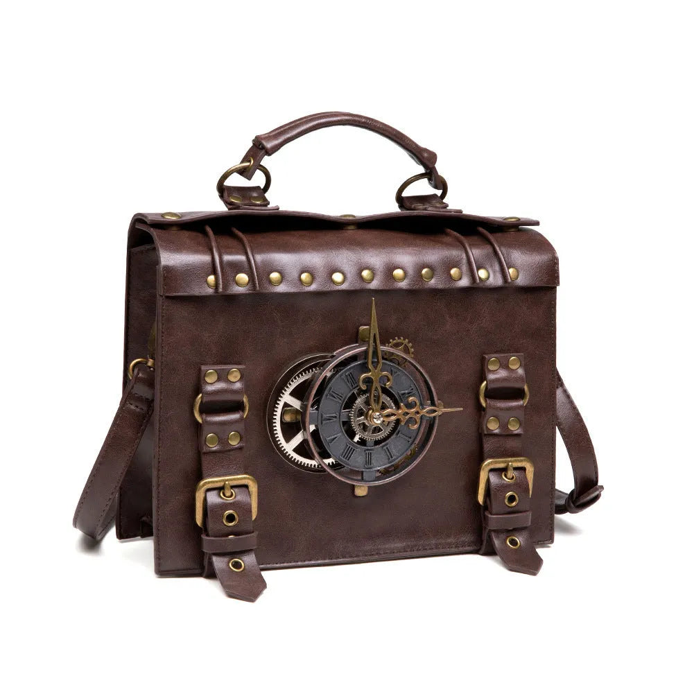 Bronze steampunk industrial retro style shoulder bag with horizontal pillow design and metal decorative elements
