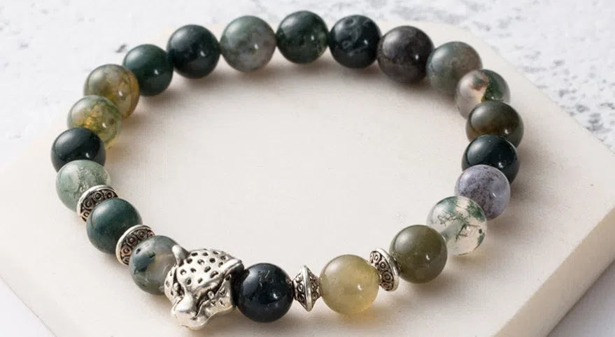 8mm natural stone and lava stone bead bracelet with leopard head pendant for men, 18cm diameter, gold frosted black