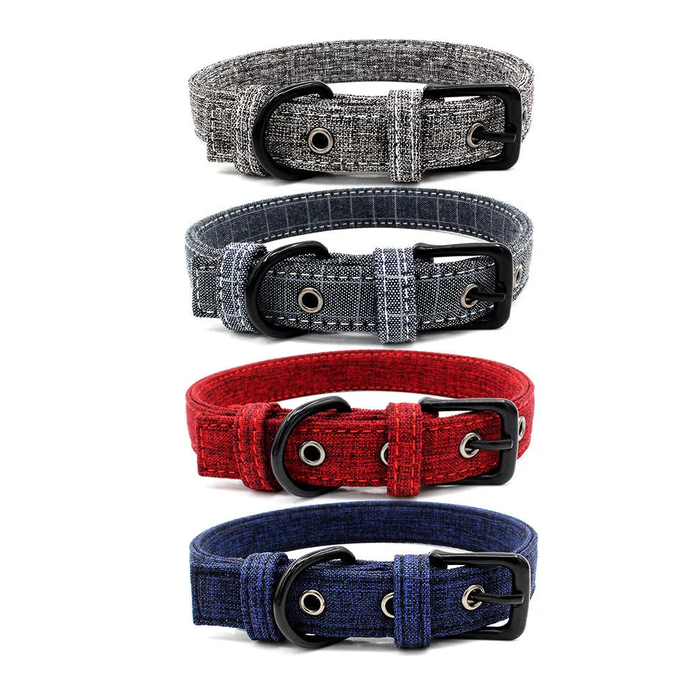 Double layer reflective canvas dog collar with metal D-ring, available in multiple sizes and colours