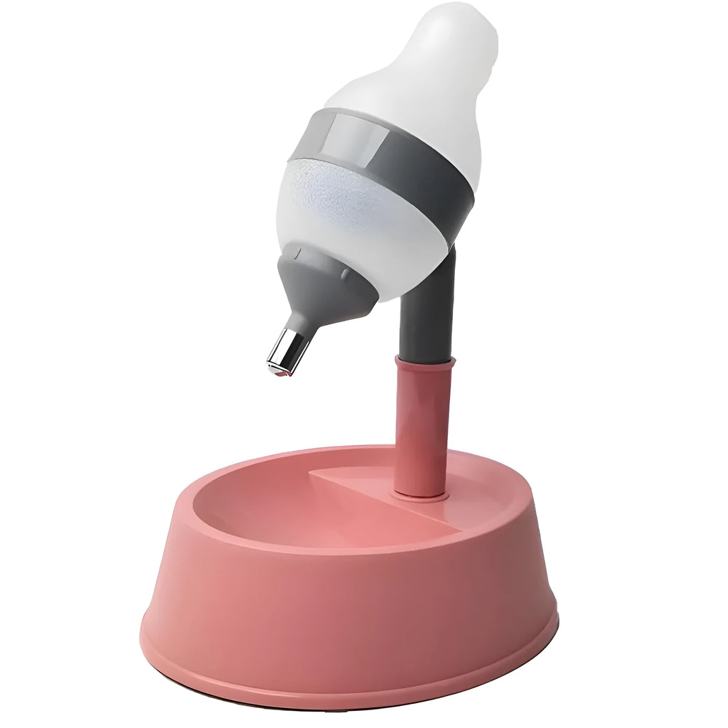 Green adjustable pet standing water dispenser with detachable pole and bowl on a grey floor.