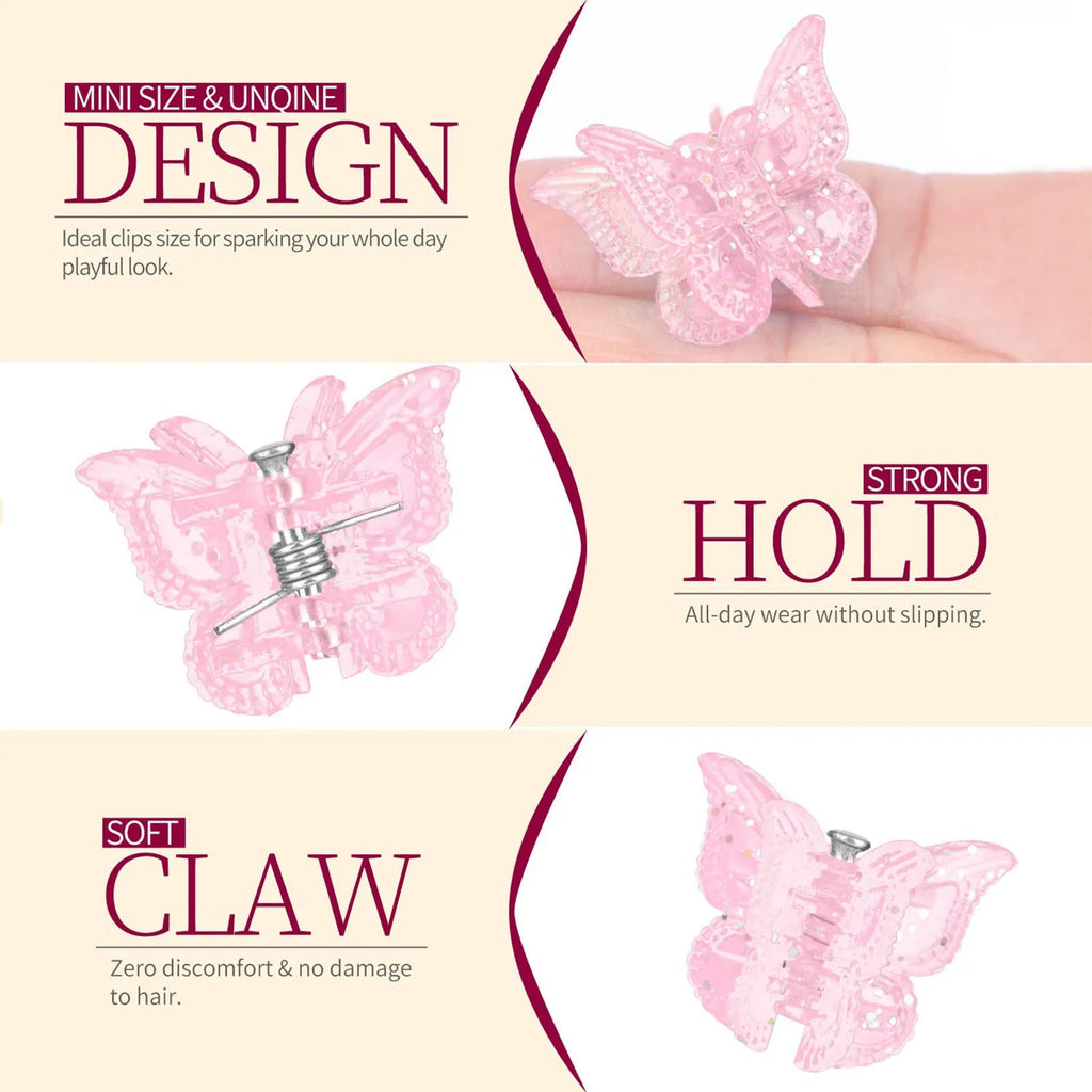 Set of 50 glitter butterfly hair claw clips in multiple colours showing mini size