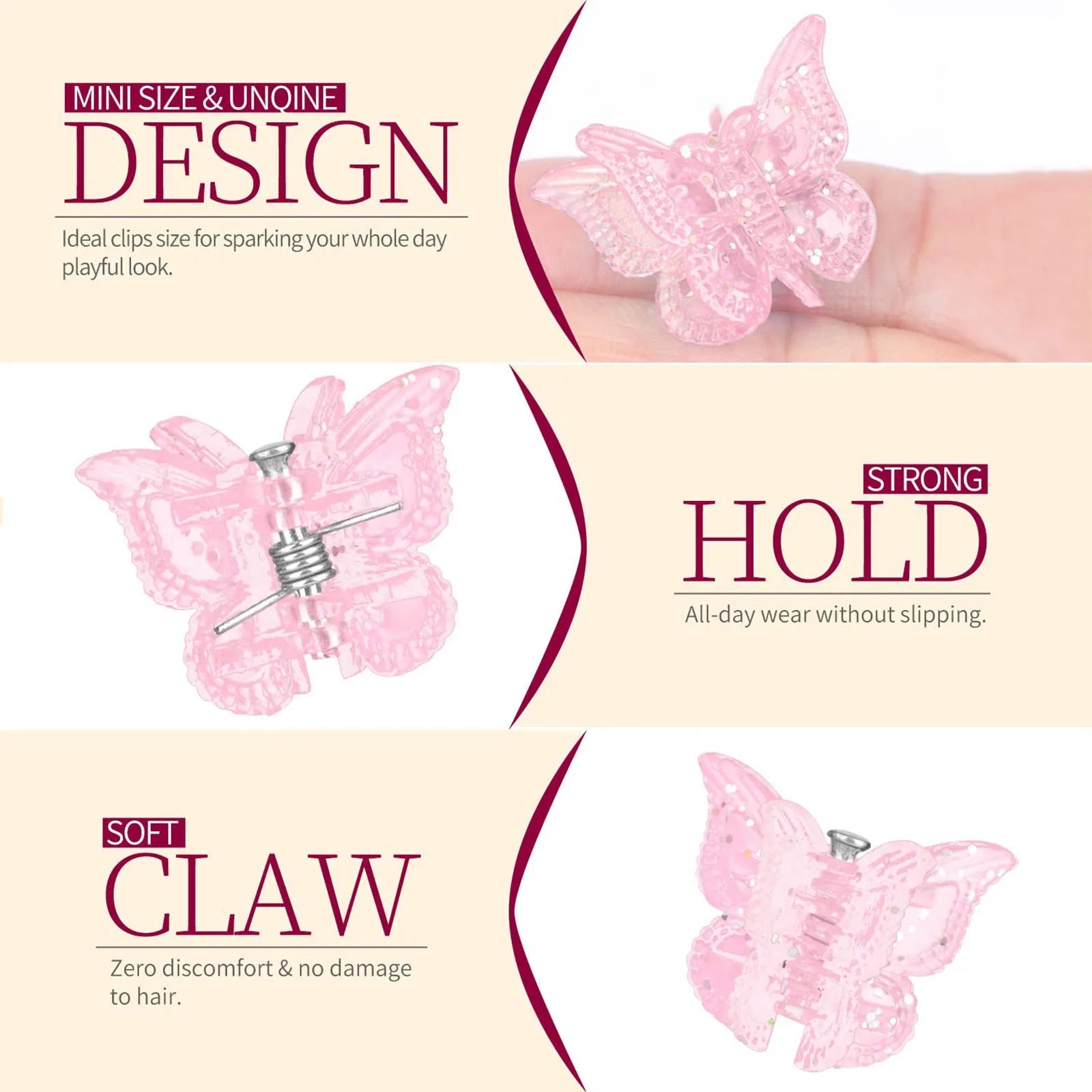 Set of 50 glitter butterfly hair claw clips in multiple colours showing mini size