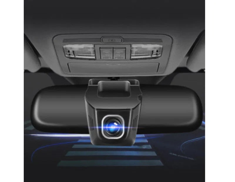 V4 WiFi driving recorder in red colour hidden behind rearview mirror with 140° wide-angle lens