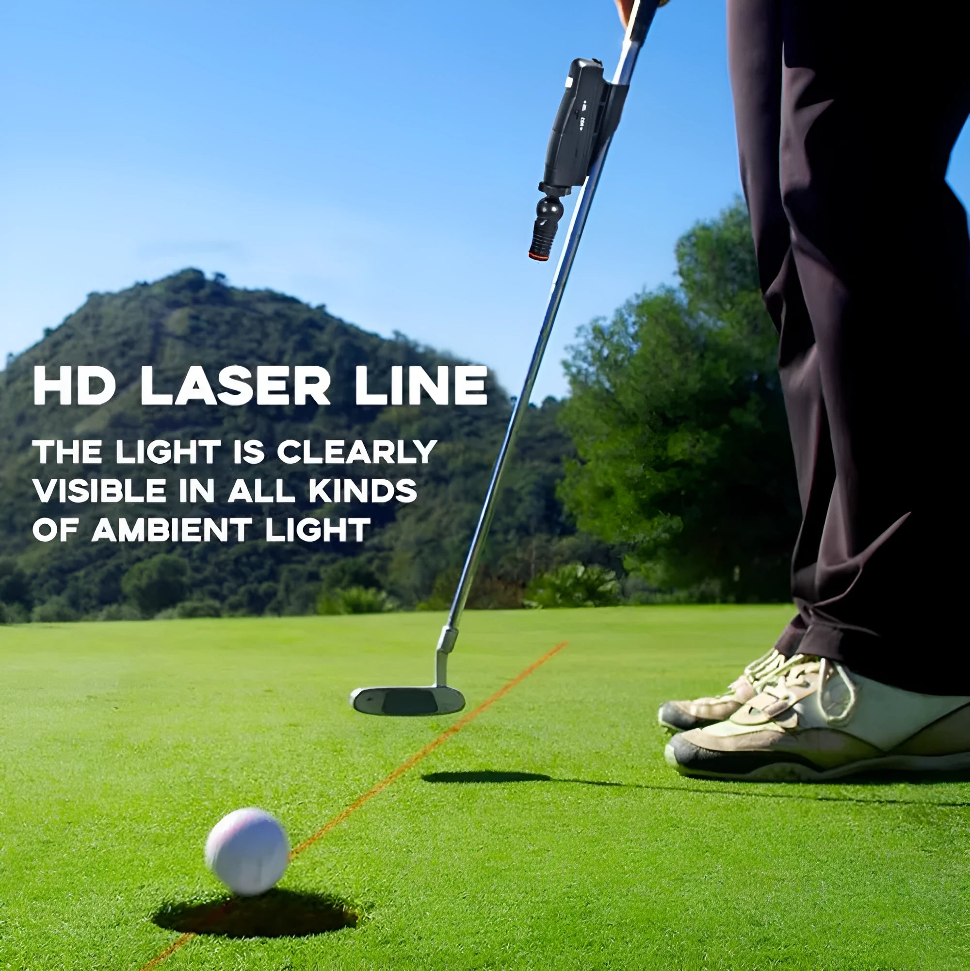 Black golf putting laser aiming instrument mounted on putter shaft for alignment practice