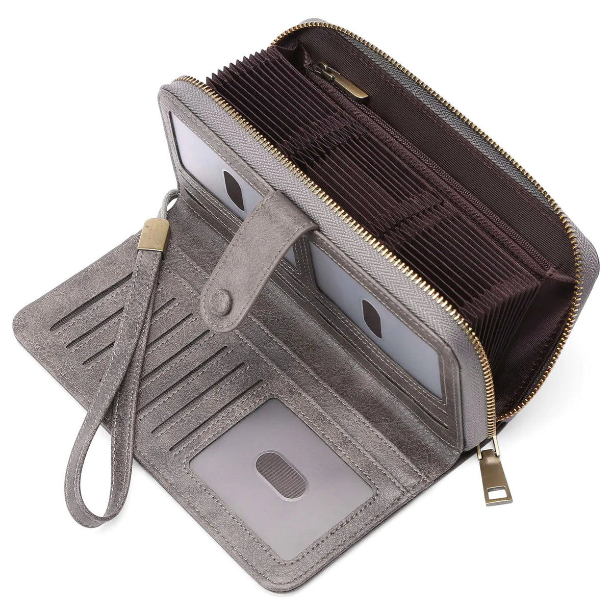 Expanding card holder women's long wallet in light brown PU leather with sewing line detail and anti-theft swiping feature.