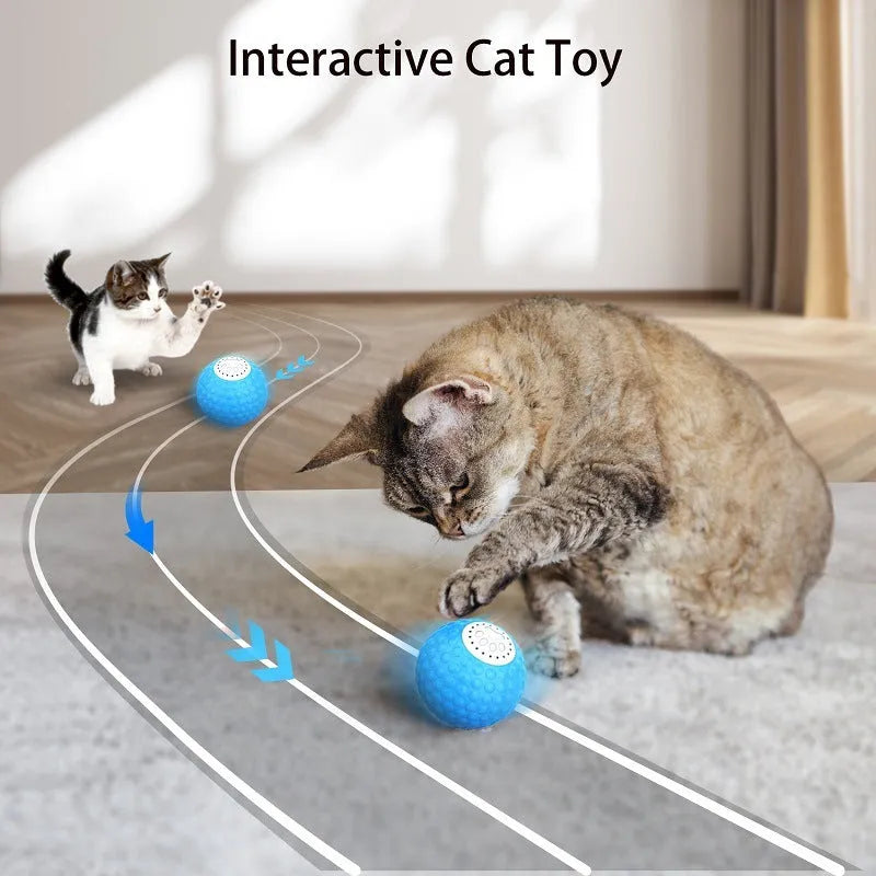 Interactive cat rolling ball toy with remote control in blue, green, and yellow colours