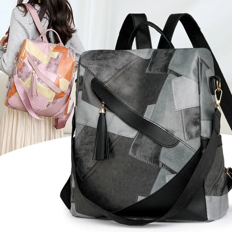 Large capacity retro patchwork casual bag in black, PU leather, 20 litres, crossbody style