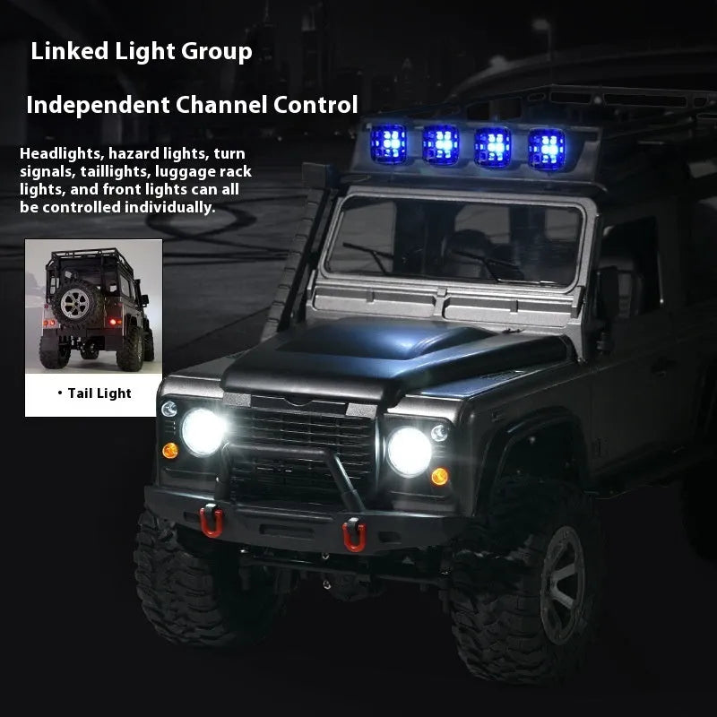 Four-wheel drive off-road RC car with controllable headlight and camera in black plastic