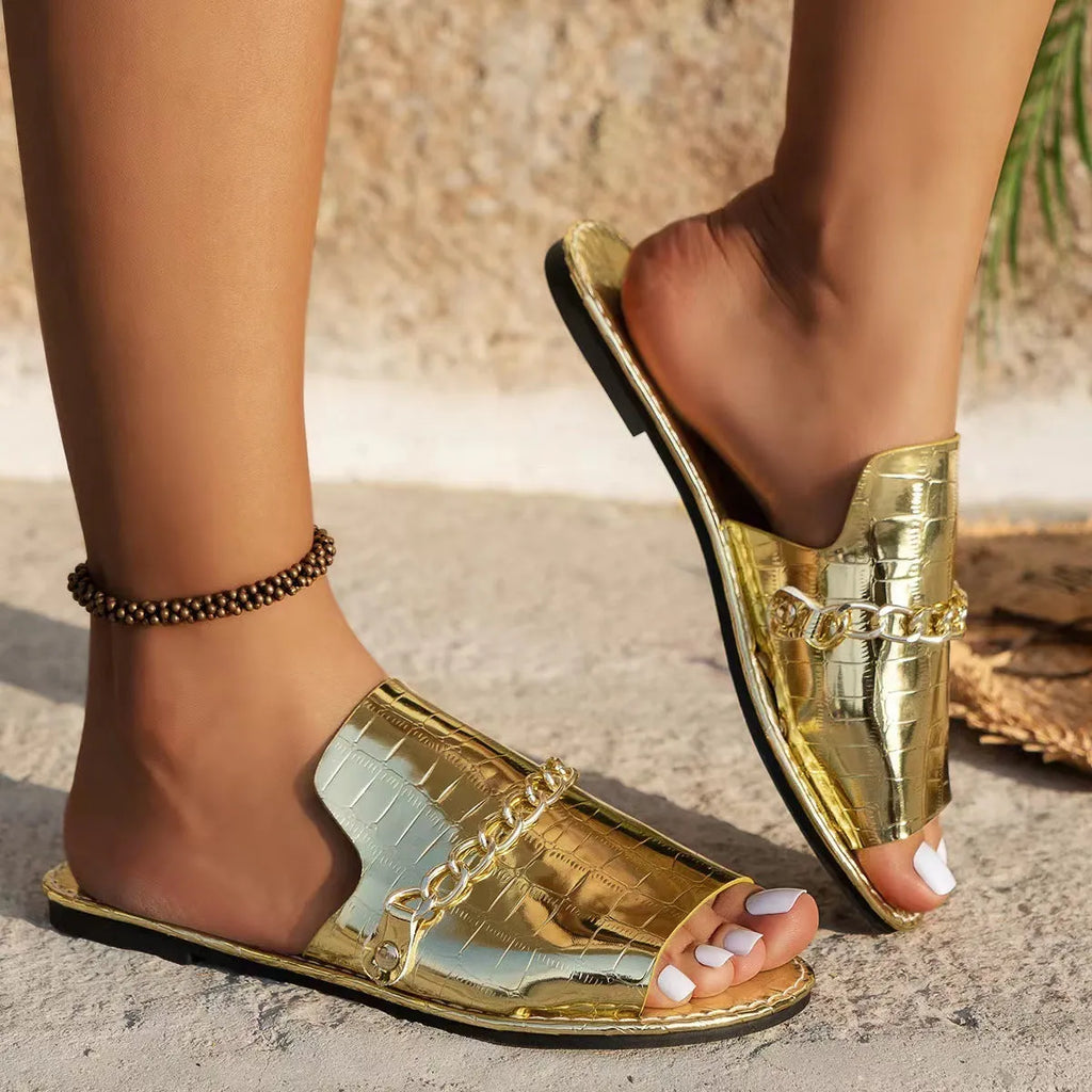 Pattern chains sandals women flat fish mouth slides summer casual beach slippers with artificial PU upper rubber sole