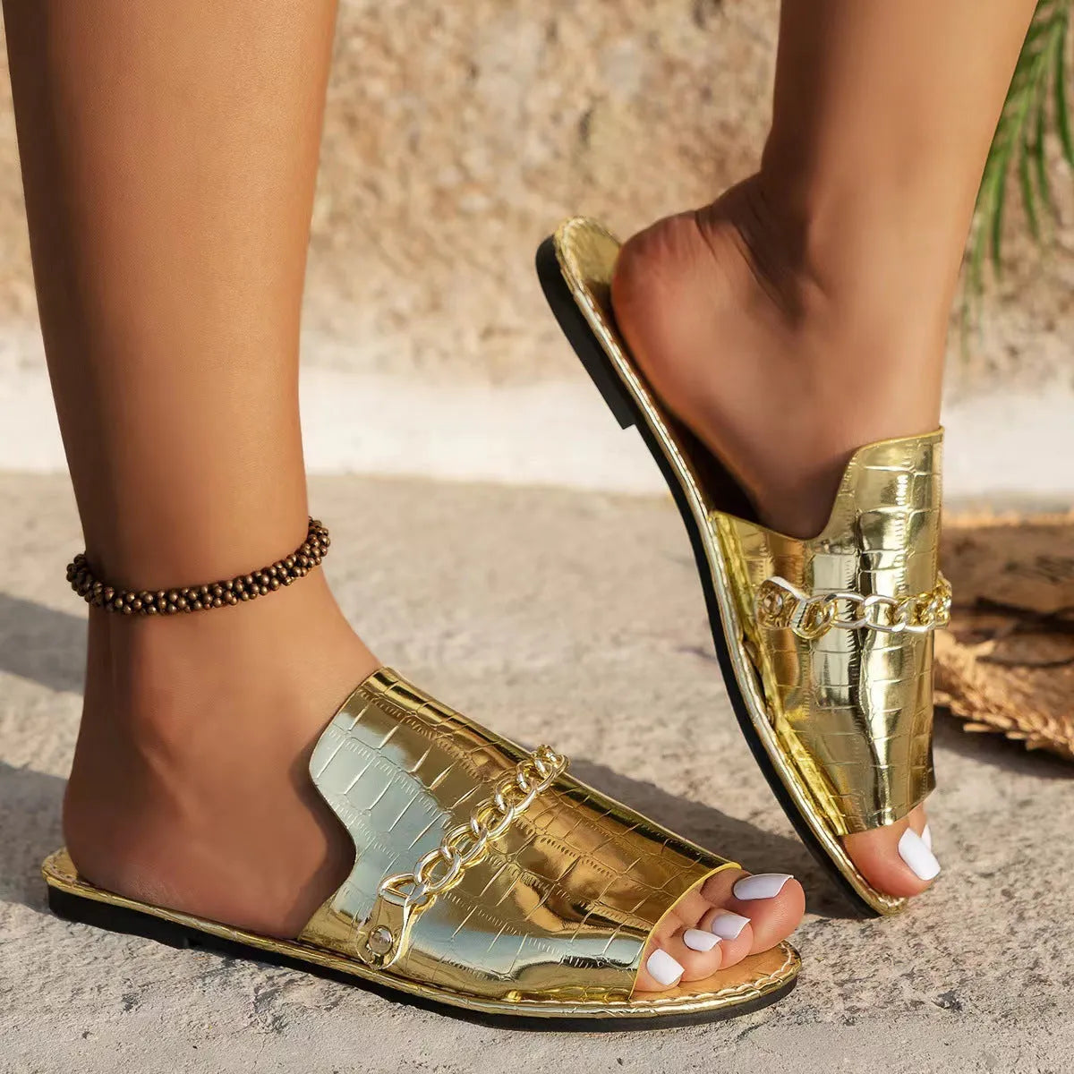 Pattern chains sandals women flat fish mouth slides summer casual beach slippers with artificial PU upper rubber sole