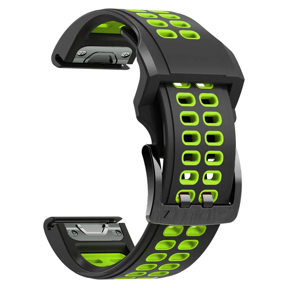 Two-colour quick-release silicone watch strap in black and lime green with pin buckle clasp.