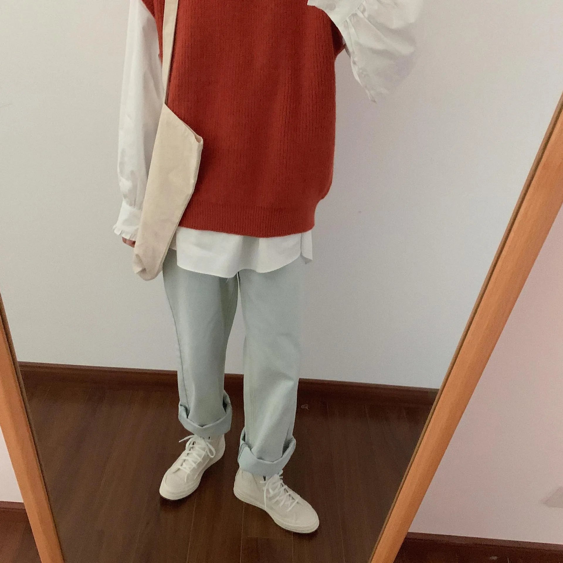 Design Sense loose western style stand collar ruffled pleated white cotton shirt for women
