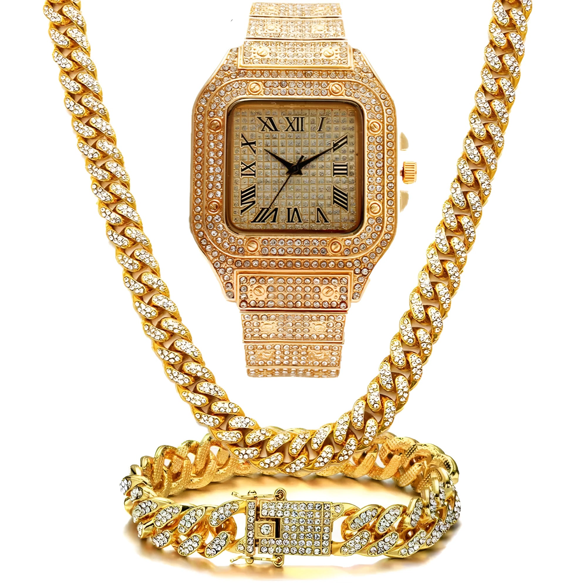 Roman grain graduation quartz watch set with square diamond dial, black mesh band, bracelet and necklace in gold, rose gold or silver.
