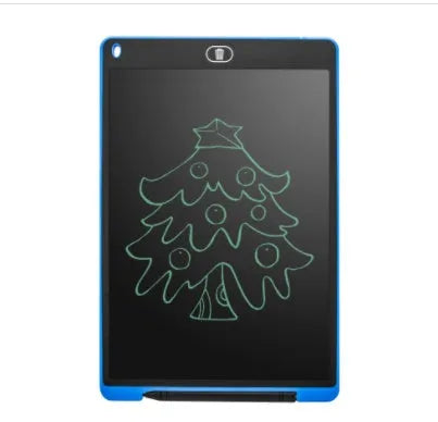 LCD drawing tablet for kids in light blue, showing colourful lines drawn with a plastic stylus.