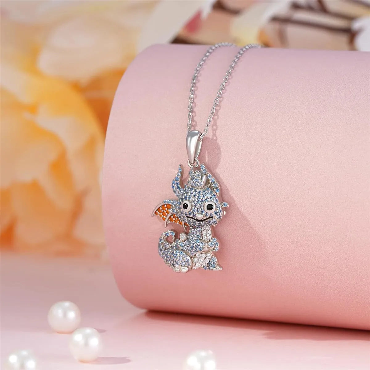 Blue zircon flying dragon pendant necklace on O-ring chain, zinc alloy, 50cm length