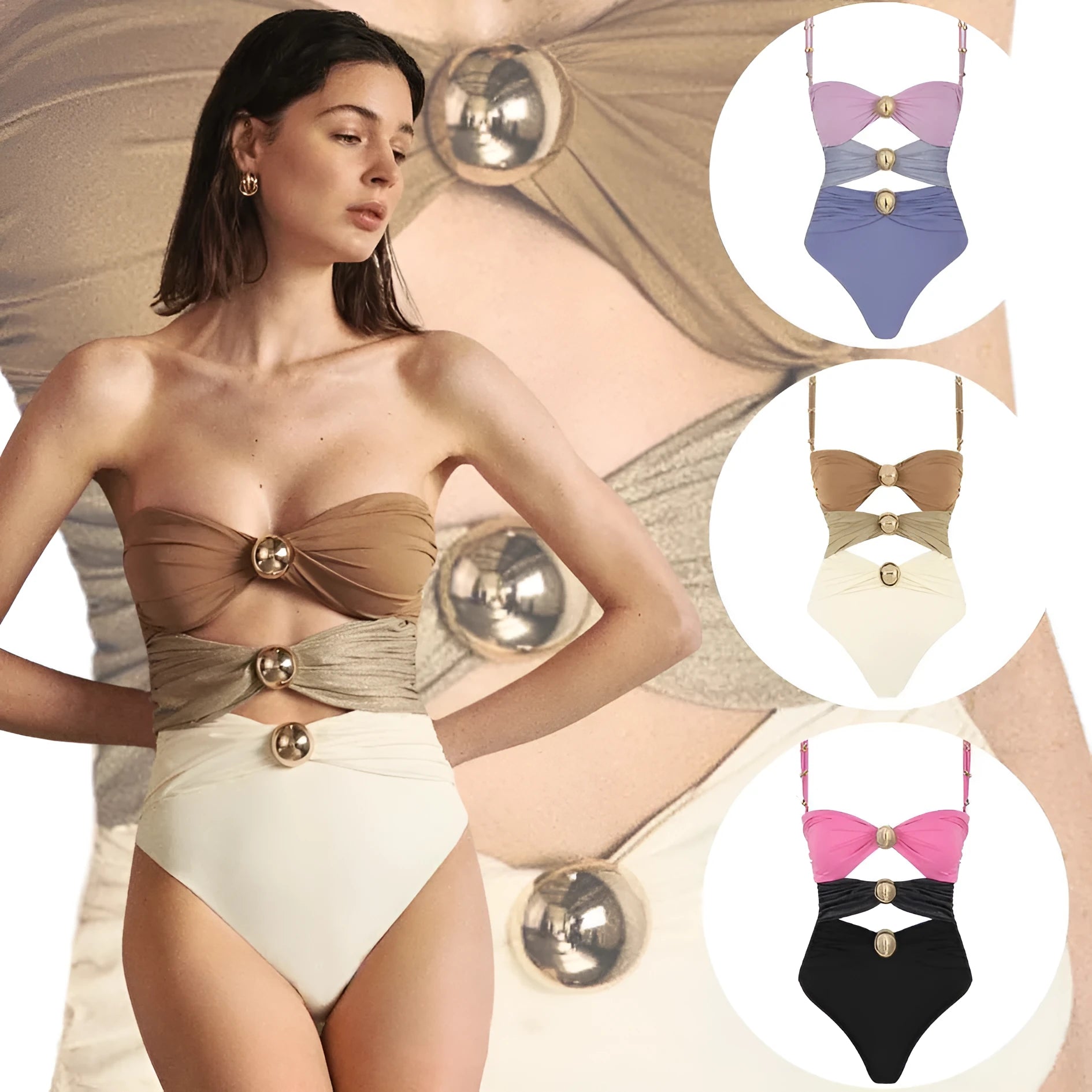 Women's one-piece swimsuit with round buckle decorations and hollow out stitching