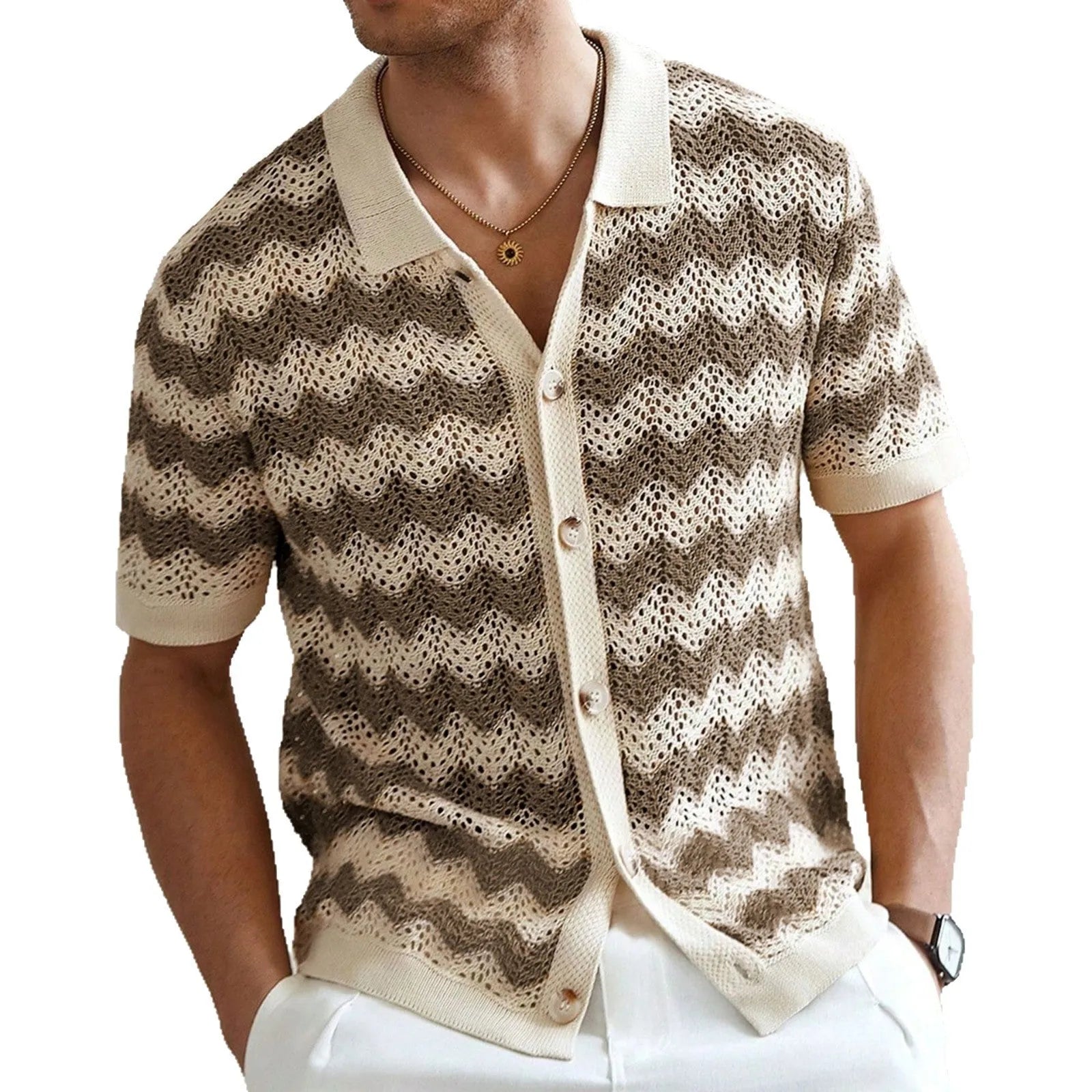 Blue hollow jacquard corrugated short sleeve sweater with flocked detail on a hanger.