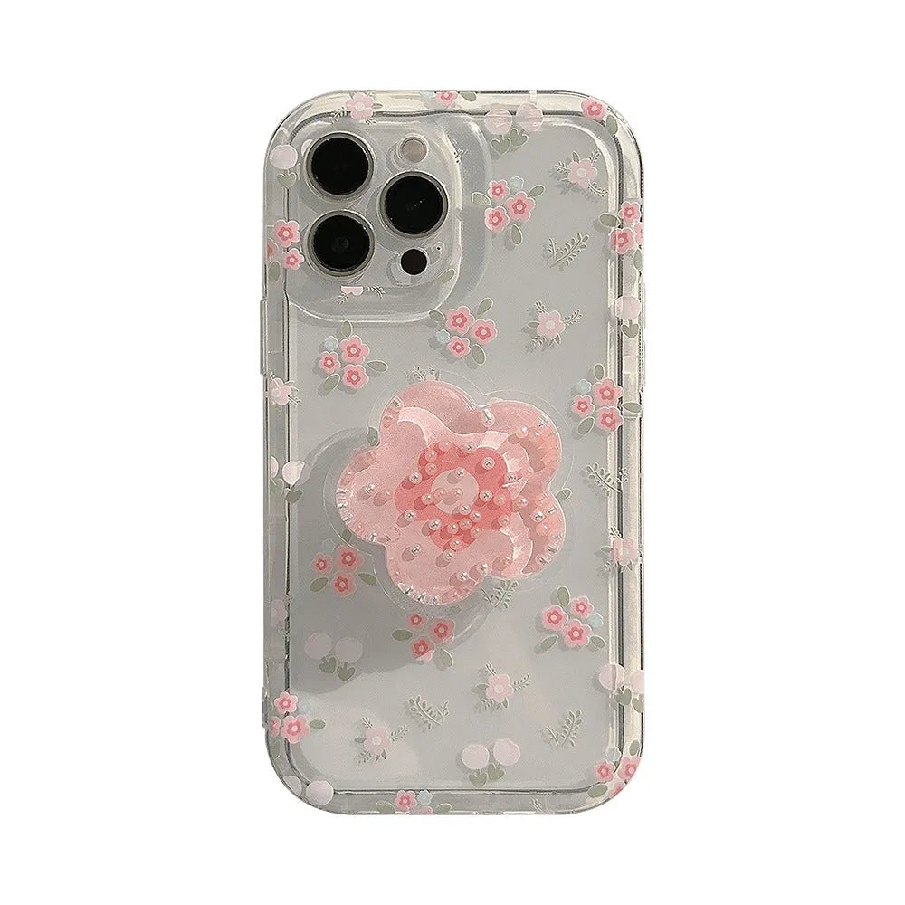 Crushed Flower Flowing Sand Stand Phone Case Transparent TPU 1.5mm Soft Hard Moderate Camera Hole Precise Key Position 3D Stereo Keys Hanging Rope Hole Compatible Apple iPhone 15 14 13 12 Pro Max Plus