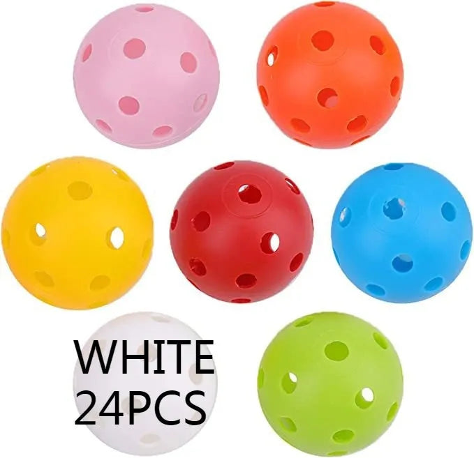 24 multi-colour 42mm golf practice balls in red, orange, blue, green, white, yellow stored in mesh net bag