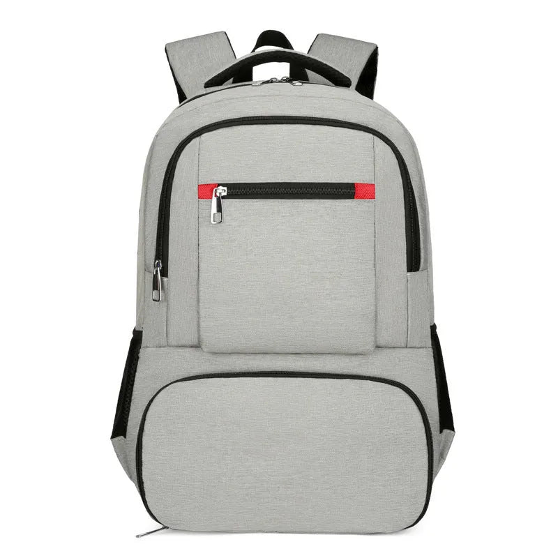 Oxford cloth insulated backpack with curved shoulder straps shown in light grey colour with dry-wet separation compartments visible