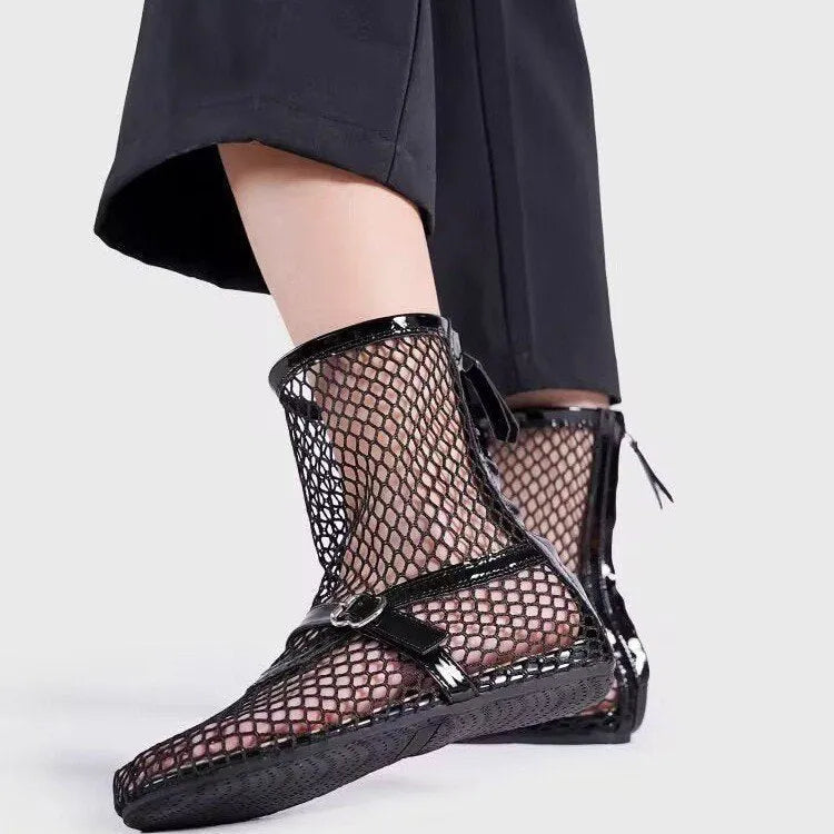 Black high top women's ballet shoes with metal buckle and back zipper PU upper round toe