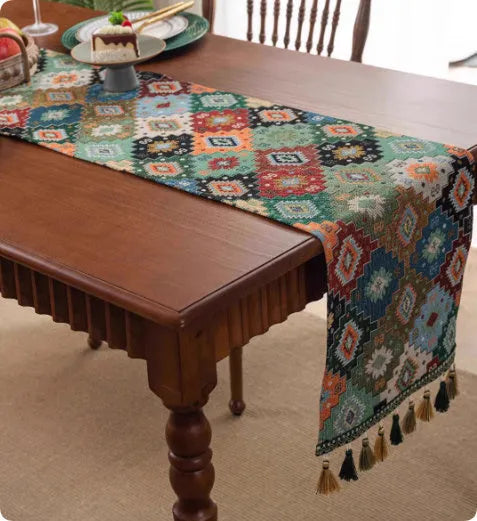 Country European retro cotton blend table flag with handwoven tassels on sideboard