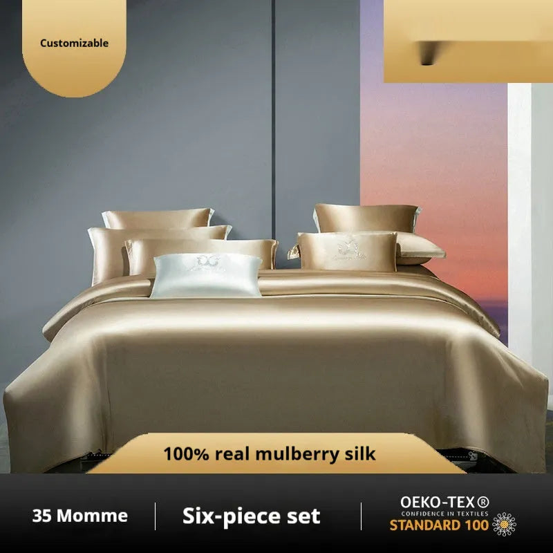 A silk four-piece quilt cover set in a solid colour, shown on a bed with matching sheets.