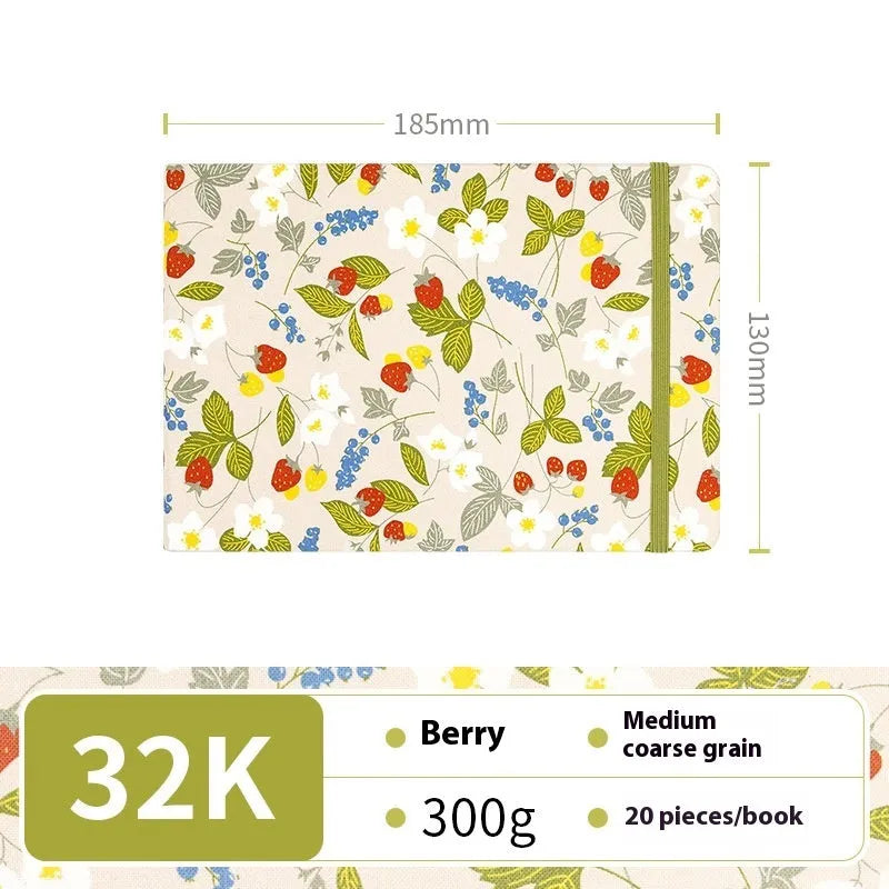 Feiluniao handmade fabric watercolour notebook with illustrated cover, open to show blank paper pages.