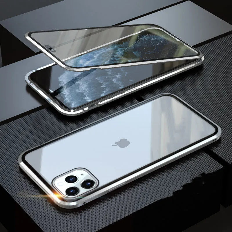 Glass anti-spy clamshell phone case for iPhone in six colour options: black, silver, red, gold, green, blue.