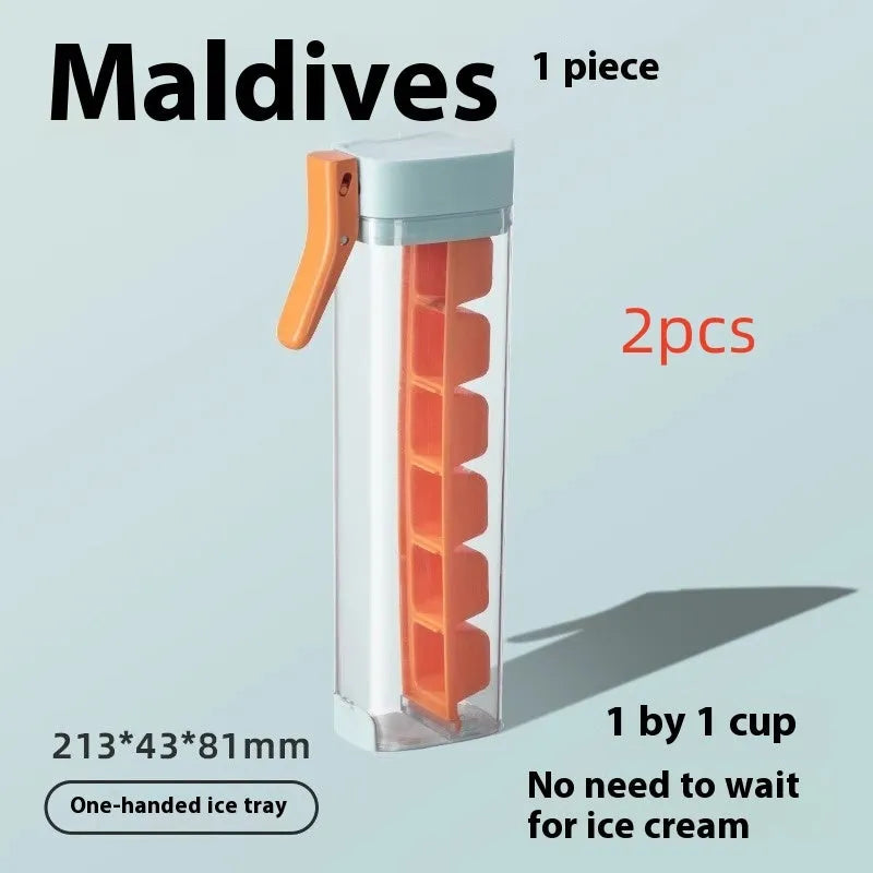 Food grade press-release ice cube tray with storage box in Maldives colour or pearl white.