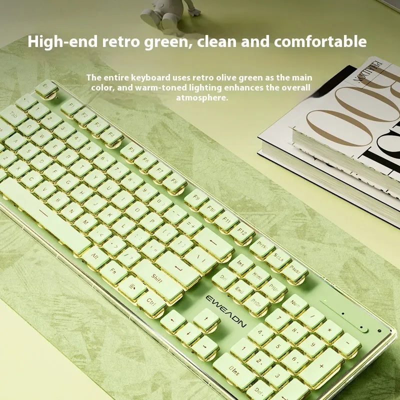 Prewalker V3 wired mute keyboard and mouse suit in retro green colour on a desk