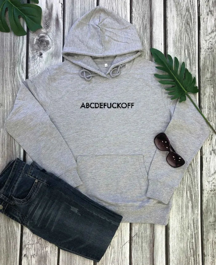 ABCDEFUCKOFF cotton pullover hoodie in black, front view, available in sizes S to 3XL