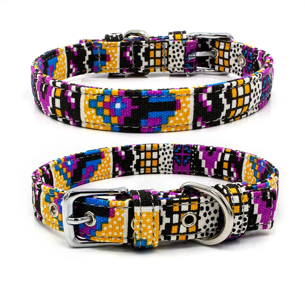 Double layer reflective canvas dog collar with metal D-ring, available in multiple sizes and colours