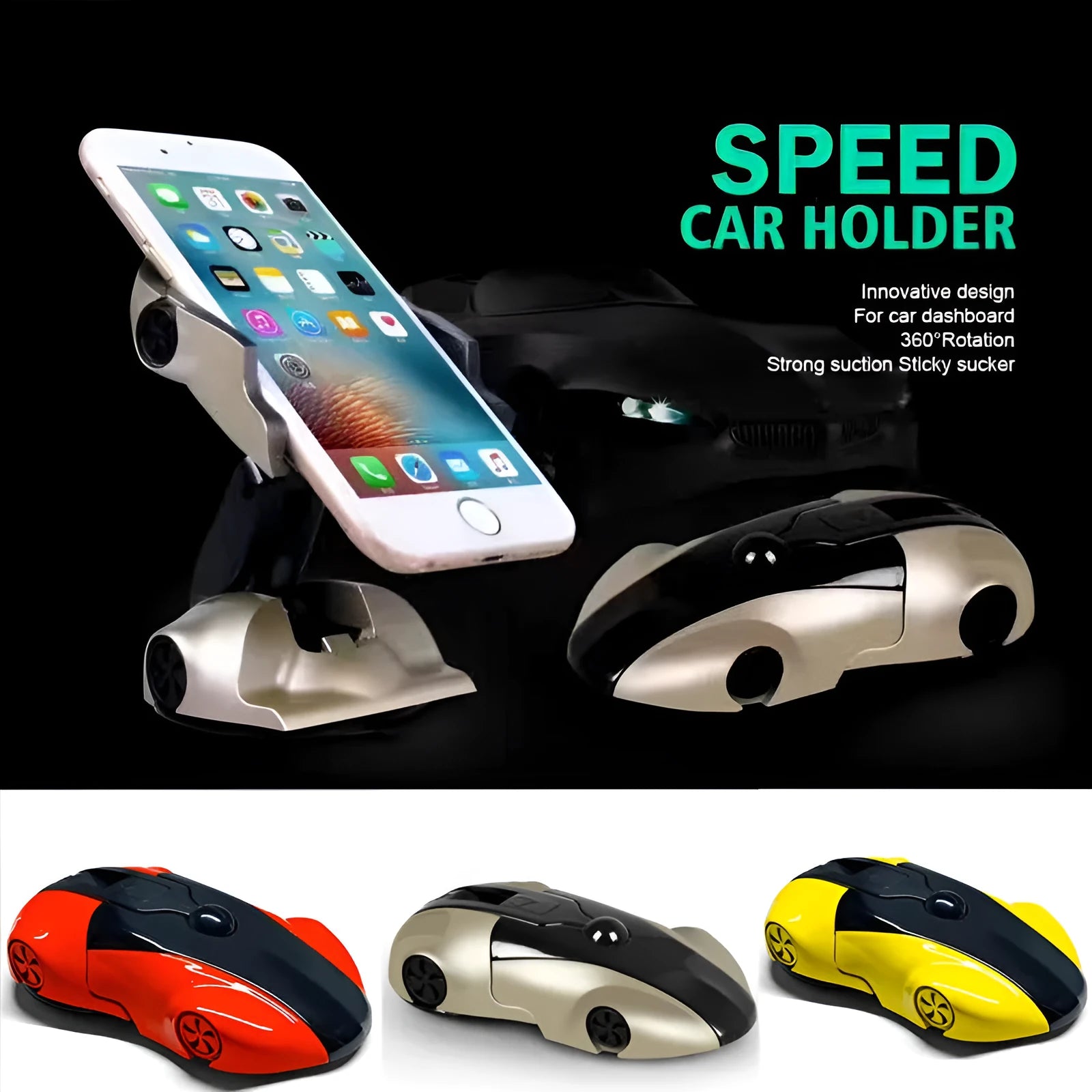 Portable sports car phone holder with 360 rotation, silicone pad, and strong suction cup in red yellow gold colours