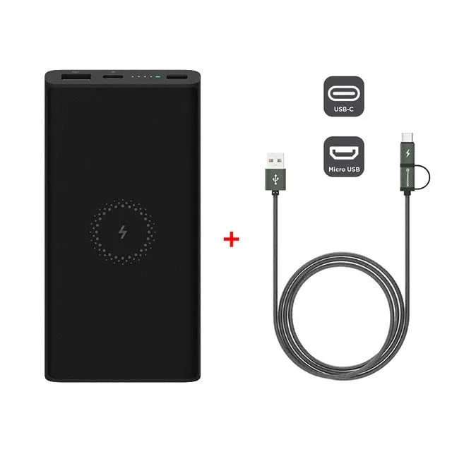 White and black 10000mAh power bank with USB-C port and wireless charging surface