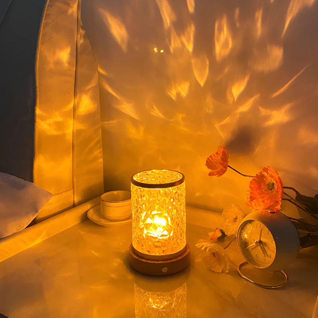Rotating water ripple small night light with acrylic dome on solid wood base for bedroom use