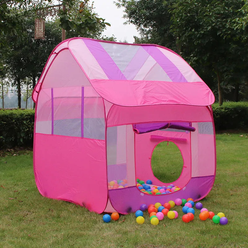 Large blue children's outdoor play tent with roll-up mosquito net curtains in garden setting