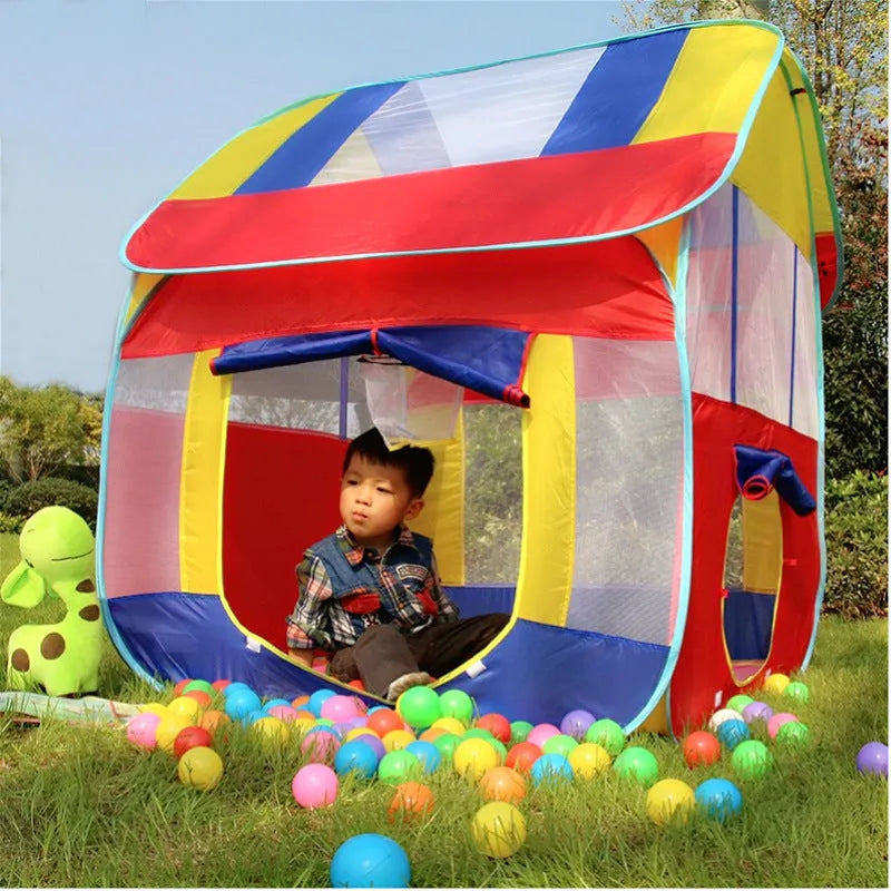 Large blue children's outdoor play tent with roll-up mosquito net curtains in garden setting