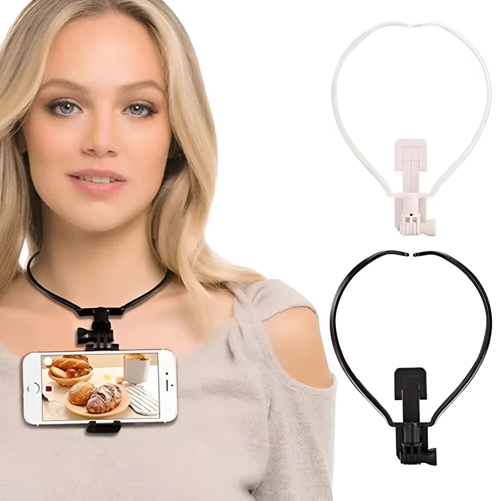 Black and white wearable neck phone holder made of ABS plastic, showing adjustable angle and ring for hands-free use.