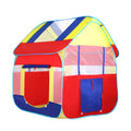 Large blue children's outdoor play tent with roll-up mosquito net curtains in garden setting