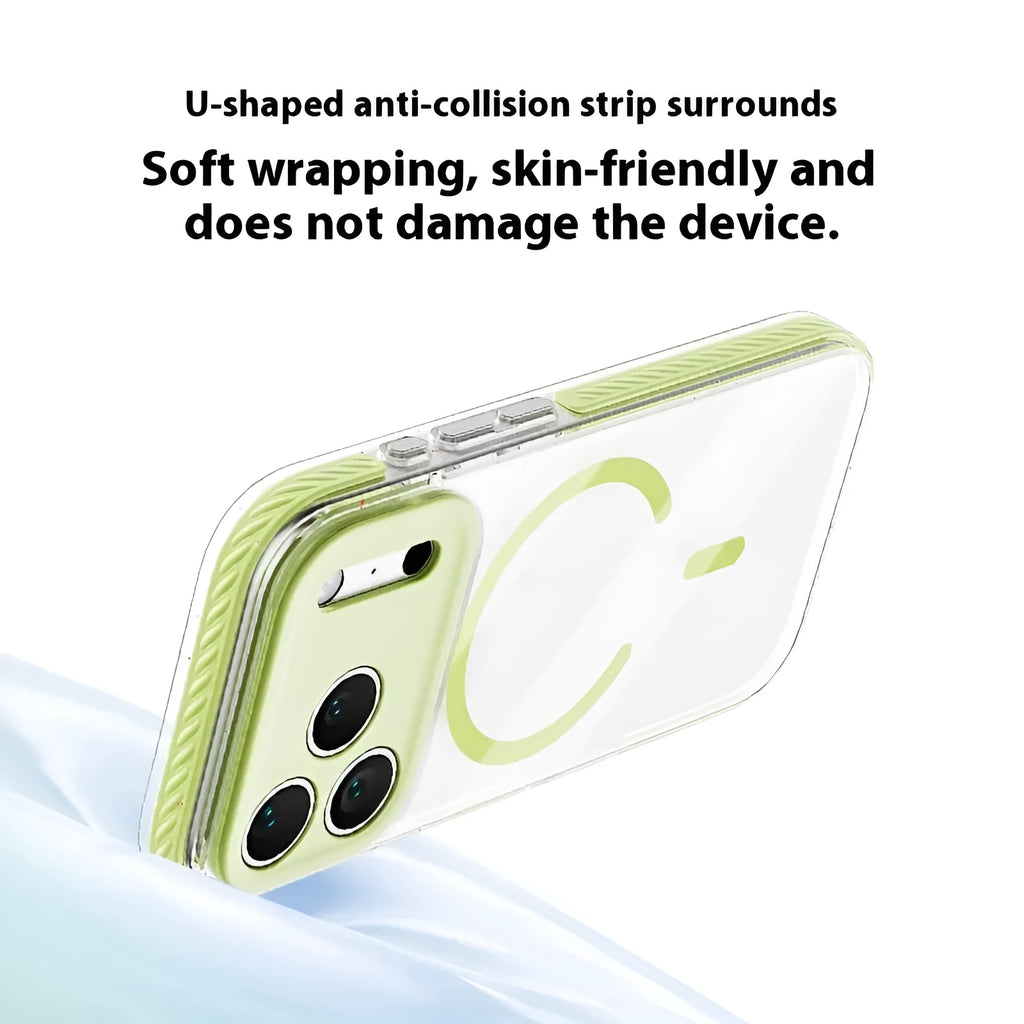 Transparent magnetic iPhone protective case in candy green colour showing front and back view