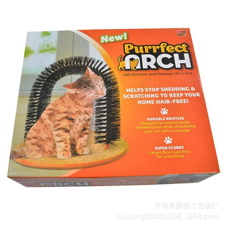 Black cat grooming brush with curved bristles, carpet base, and dangling mouse plush toy, 35x28x32cm