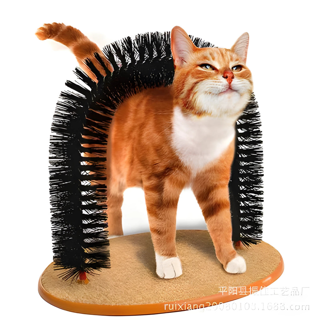 Black cat grooming brush with curved bristles, carpet base, and dangling mouse plush toy, 35x28x32cm