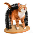 Black cat grooming brush with curved bristles, carpet base, and dangling mouse plush toy, 35x28x32cm