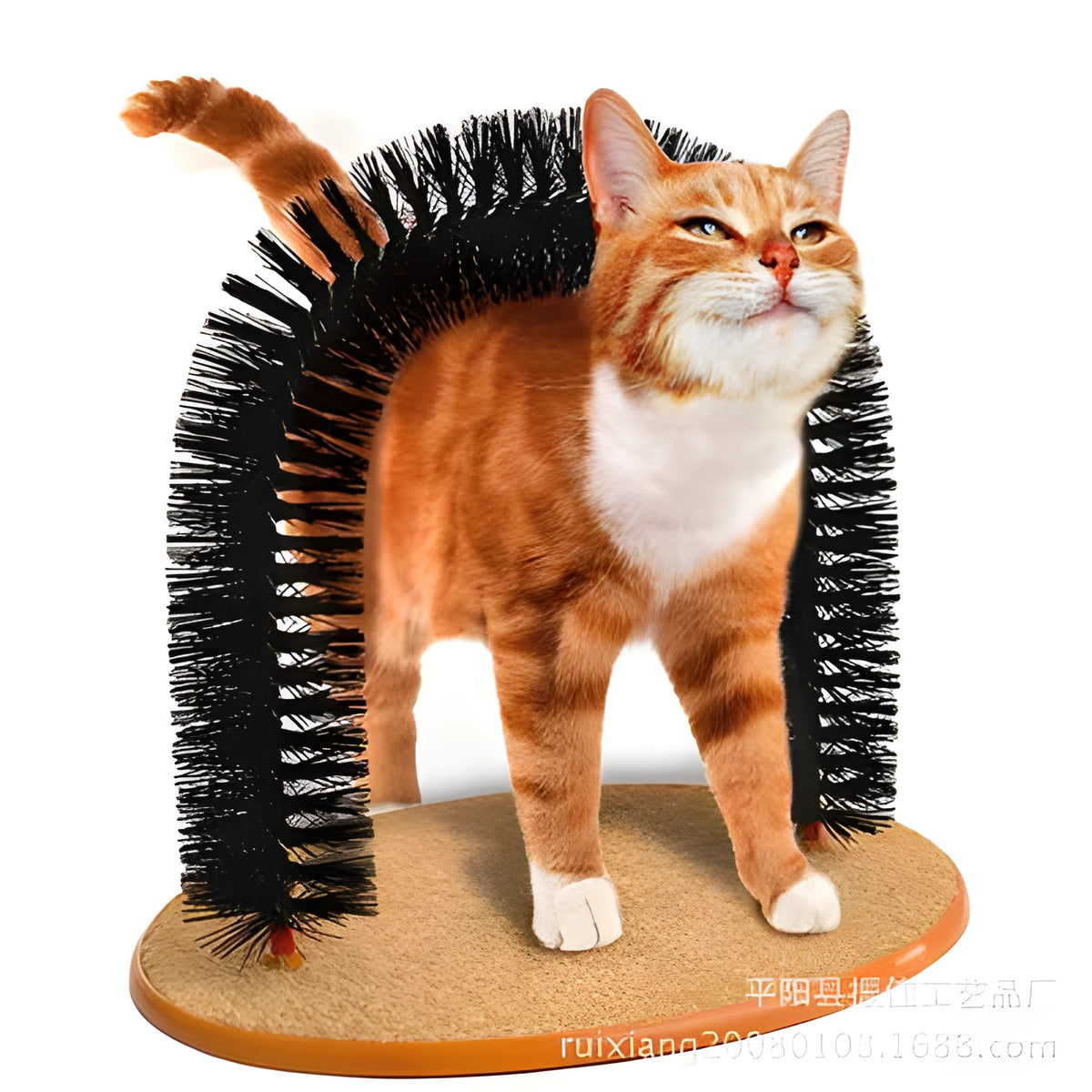 Black cat grooming brush with curved bristles, carpet base, and dangling mouse plush toy, 35x28x32cm