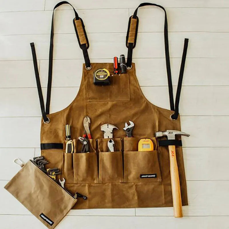 Oil wax canvas multi pocket bib apron with belt in black colour sleeveless waterproof work apron