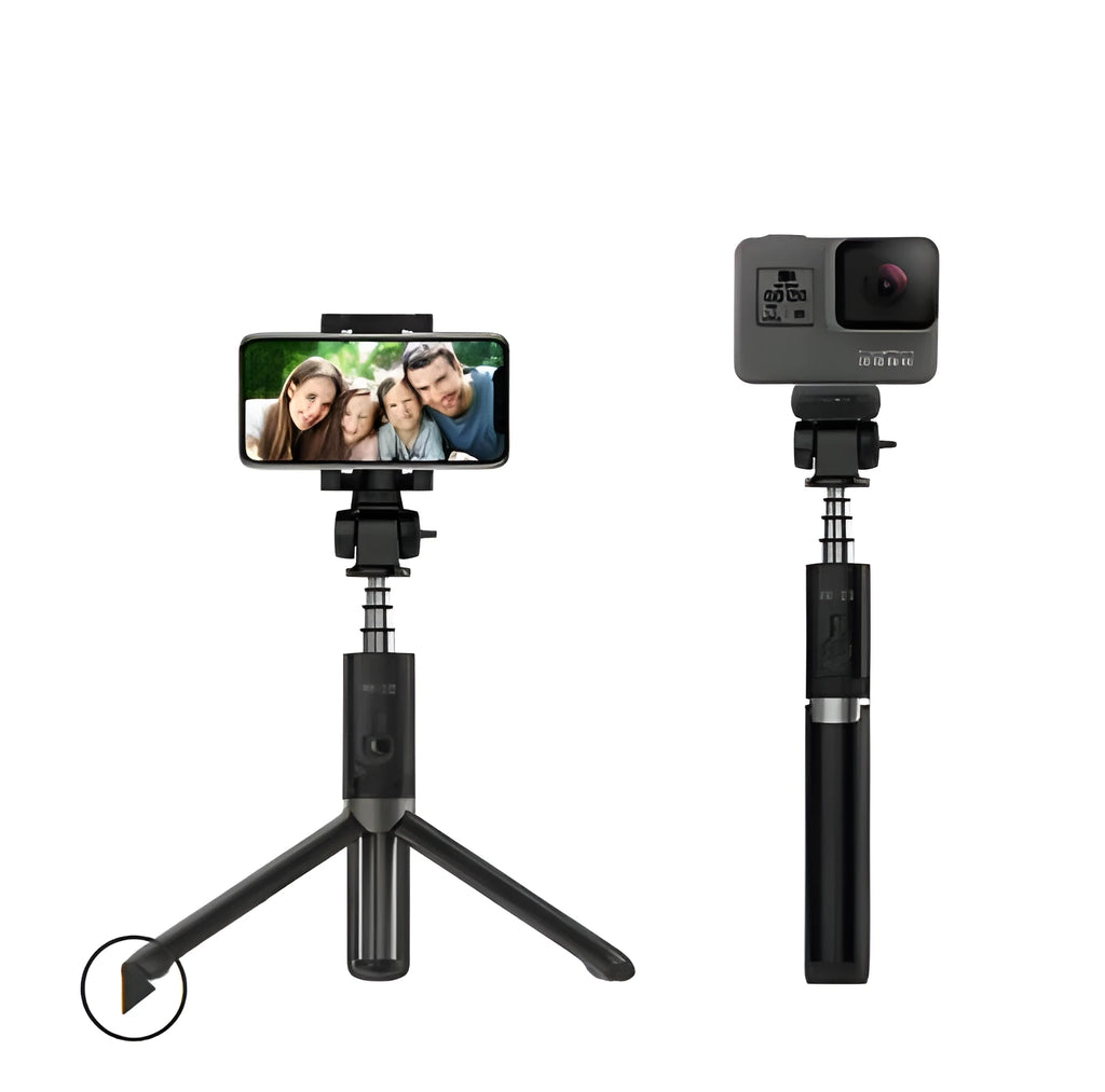Aluminium Bluetooth selfie stick with tripod base and remote control next to a smartphone