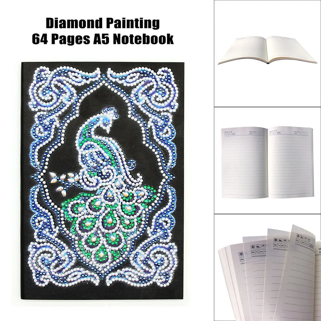 A5 black notebook with a peacock diamond painting design and packets of shaped and bright drill rhinestones.