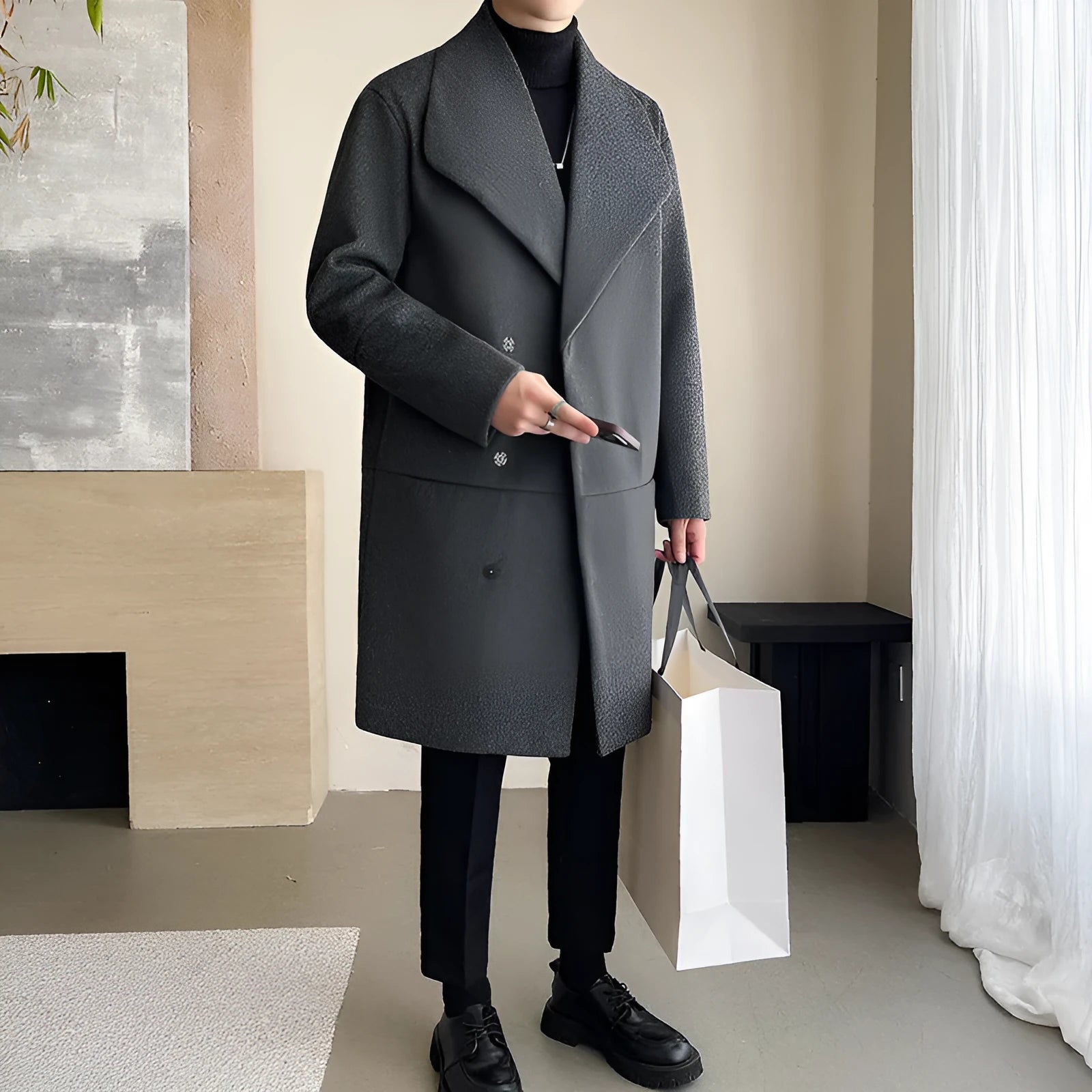 Men's cotton-padded mid-length woolen coat in black with size stick pockets
